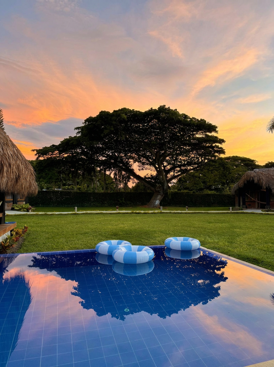 Piscina al atardecer con flotadores